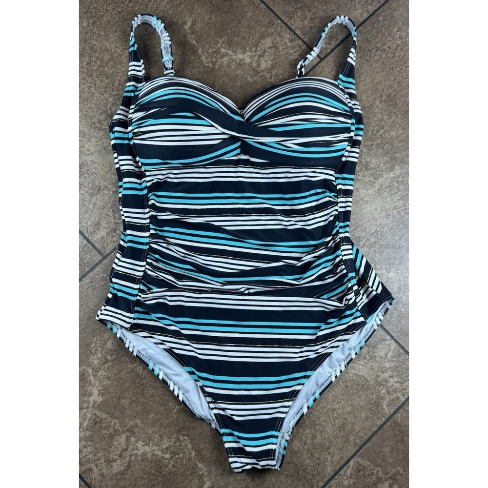 Bond-Eye Australia Striped One Piece Swimsuit Black Teal Padded Womens US 12